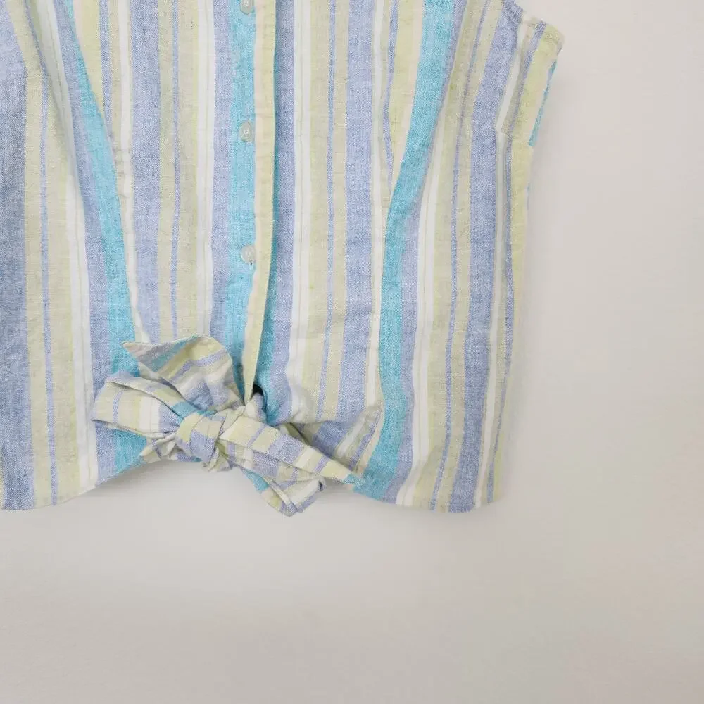 Vintage JG Hook Pastel Green Blue Purple Striped Linen Blend Button Down Top S